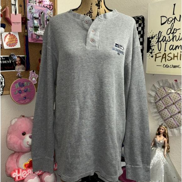 2007 NFL Seattle Seahawks Embroidered Thermal Long Sleeve Henley Shirt Gray Mens - Picture 1 of 7